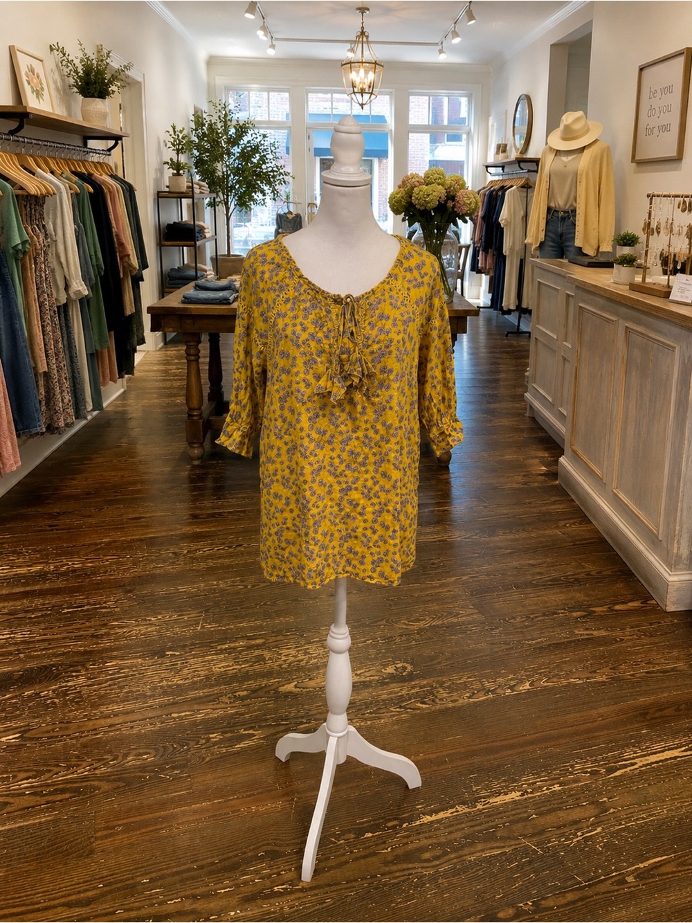 Easel Oversized Mustard Floral Tassel Tie Cotton Top Size Small